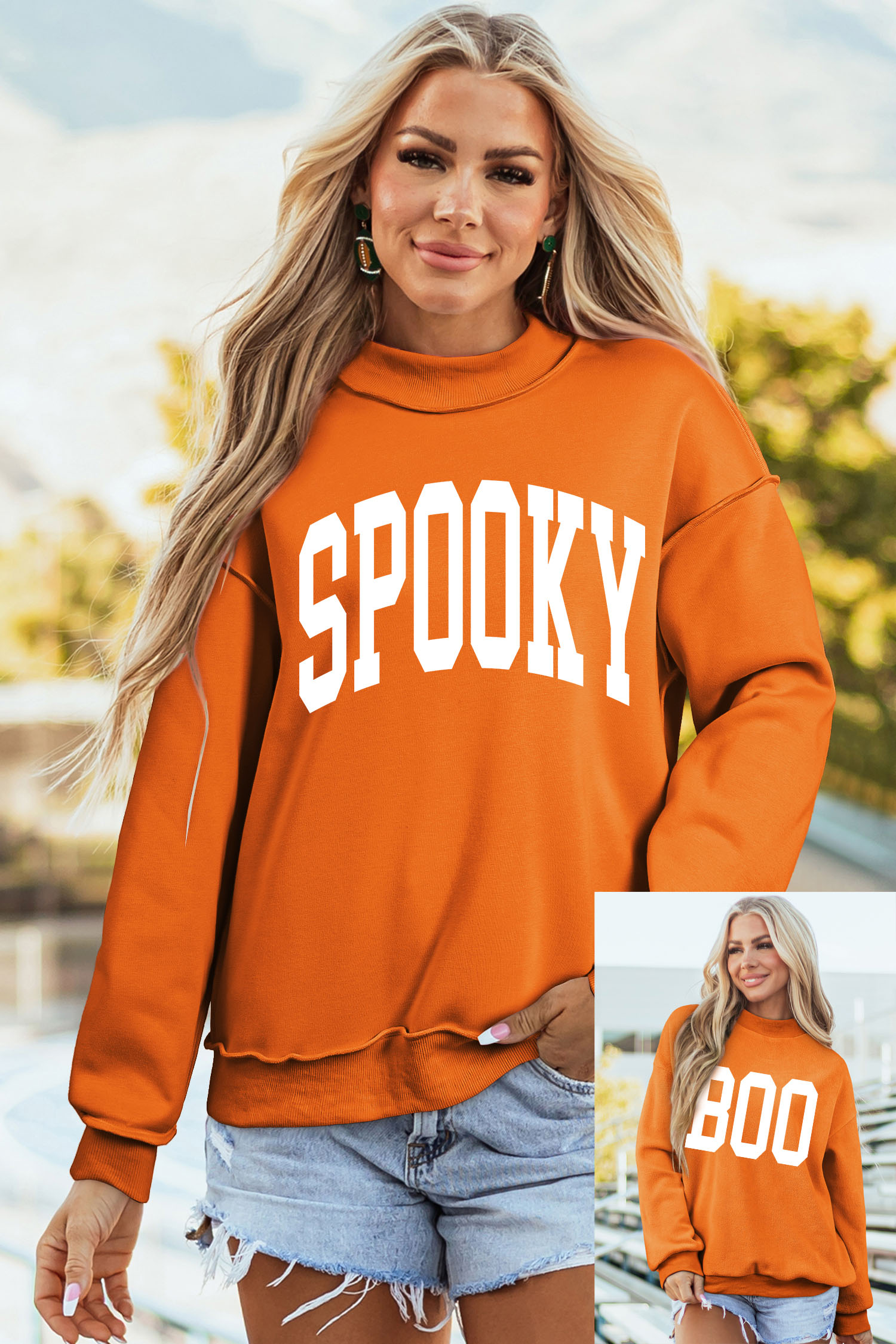 Halloween Mock Neck Pullover, Carrot Orange Letter Graphic - Detail View 5