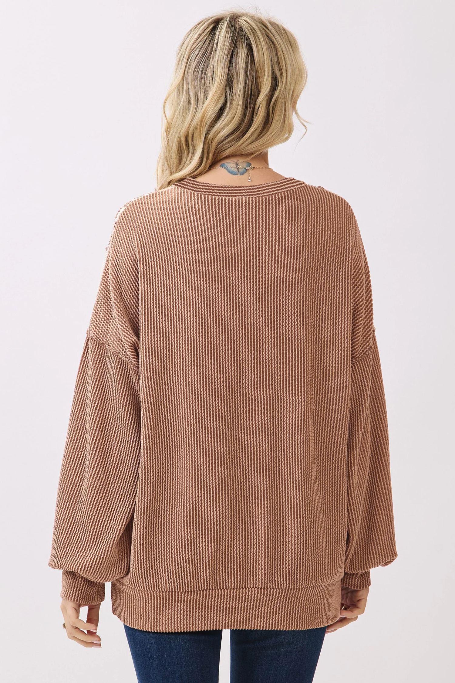 Casual Ribbed Knit Top, Women's Dune Leopard Colorblock Style - Detail View 3