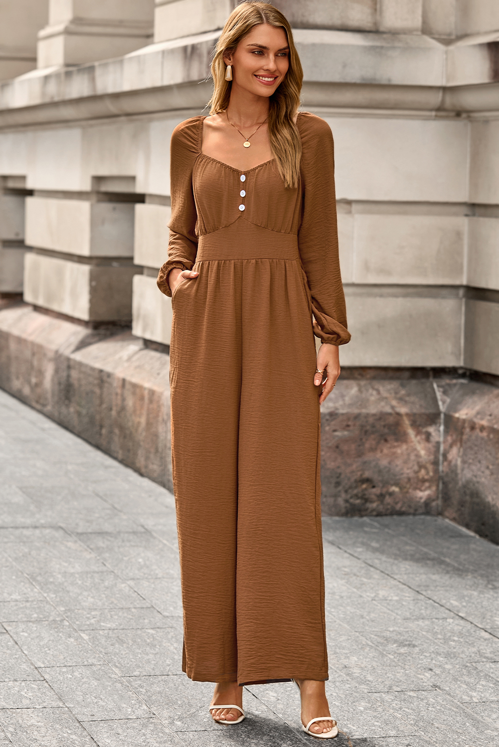Women's Straight Leg Jumpsuit, Daily Casual Long Sleeve - Detail View 7