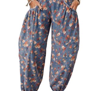 Women's Floral Barrel Jeans, Elastic Waist Denim Pants - Main View