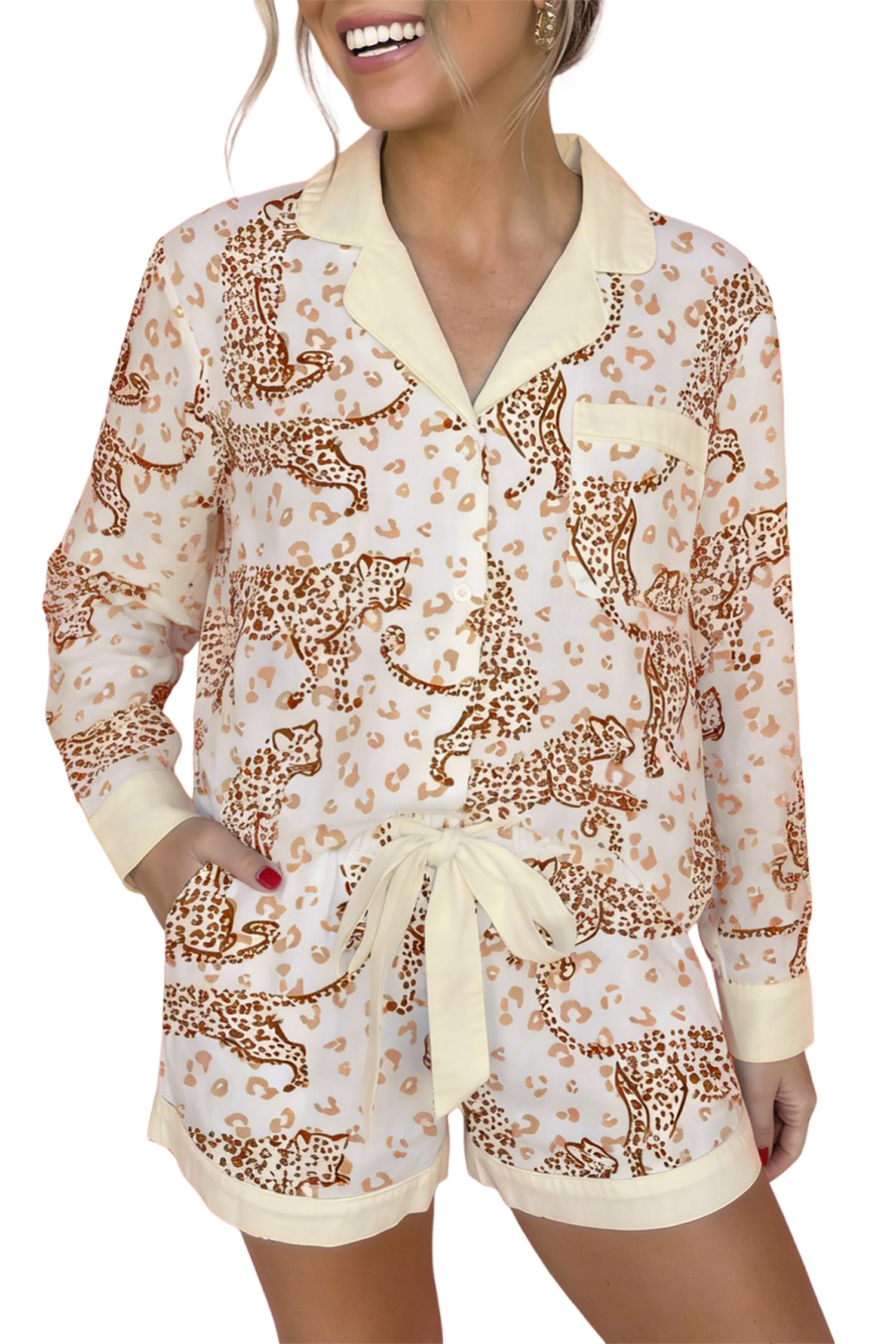 Women's Leopard Print Lounge Set, Long Sleeve Pajama Outfit - Main View