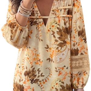 Women's Khaki Paisley Blouse, Boho V Neck Long Sleeve Top - Main View