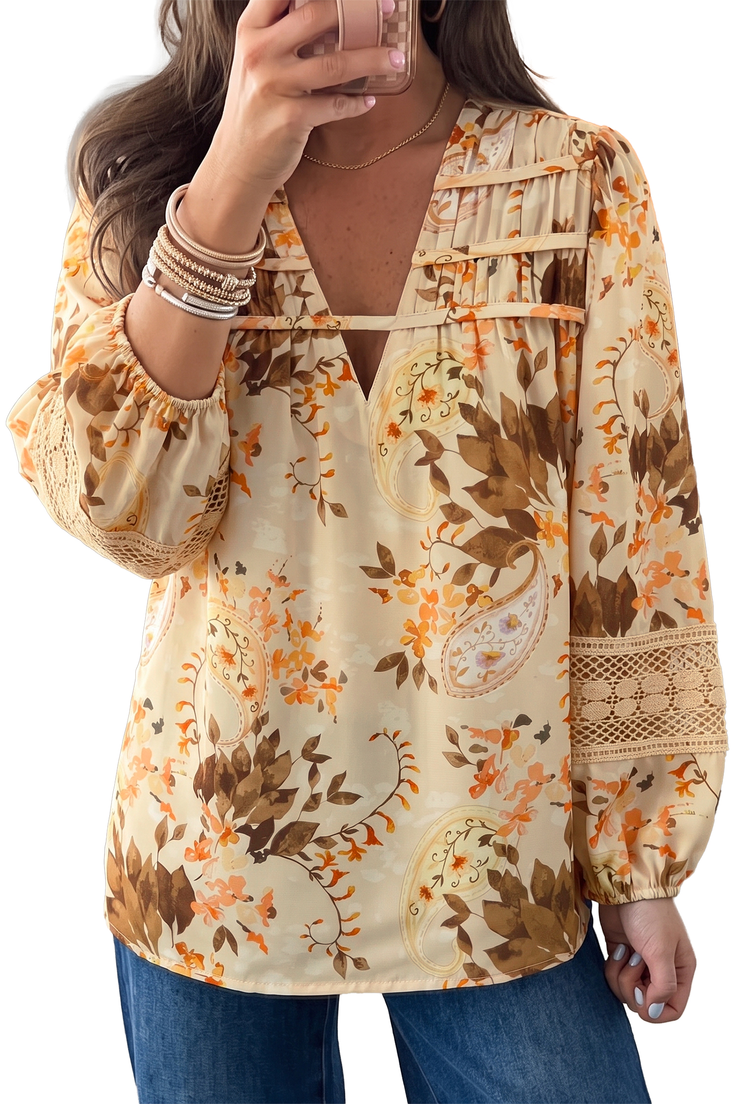 Women's Khaki Paisley Blouse, Boho V Neck Long Sleeve Top - Main View
