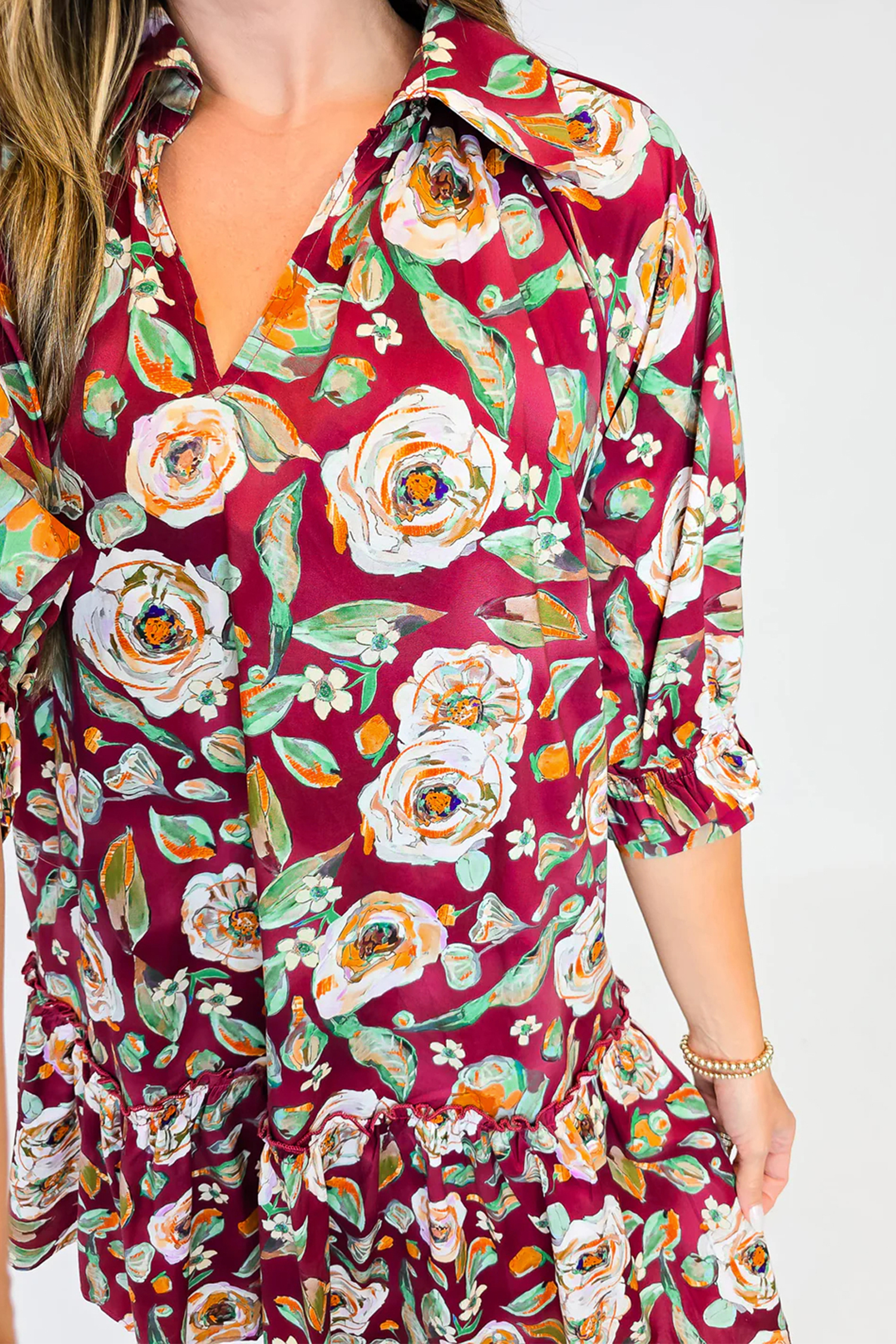 Women's Red Floral Dress, Casual Half Sleeve Ruffle Hem Mini - Detail View 10