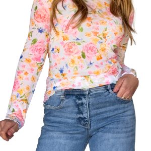 Women's Floral Mesh Top, Long Sleeve Lettuce Trim Shirt - Main View