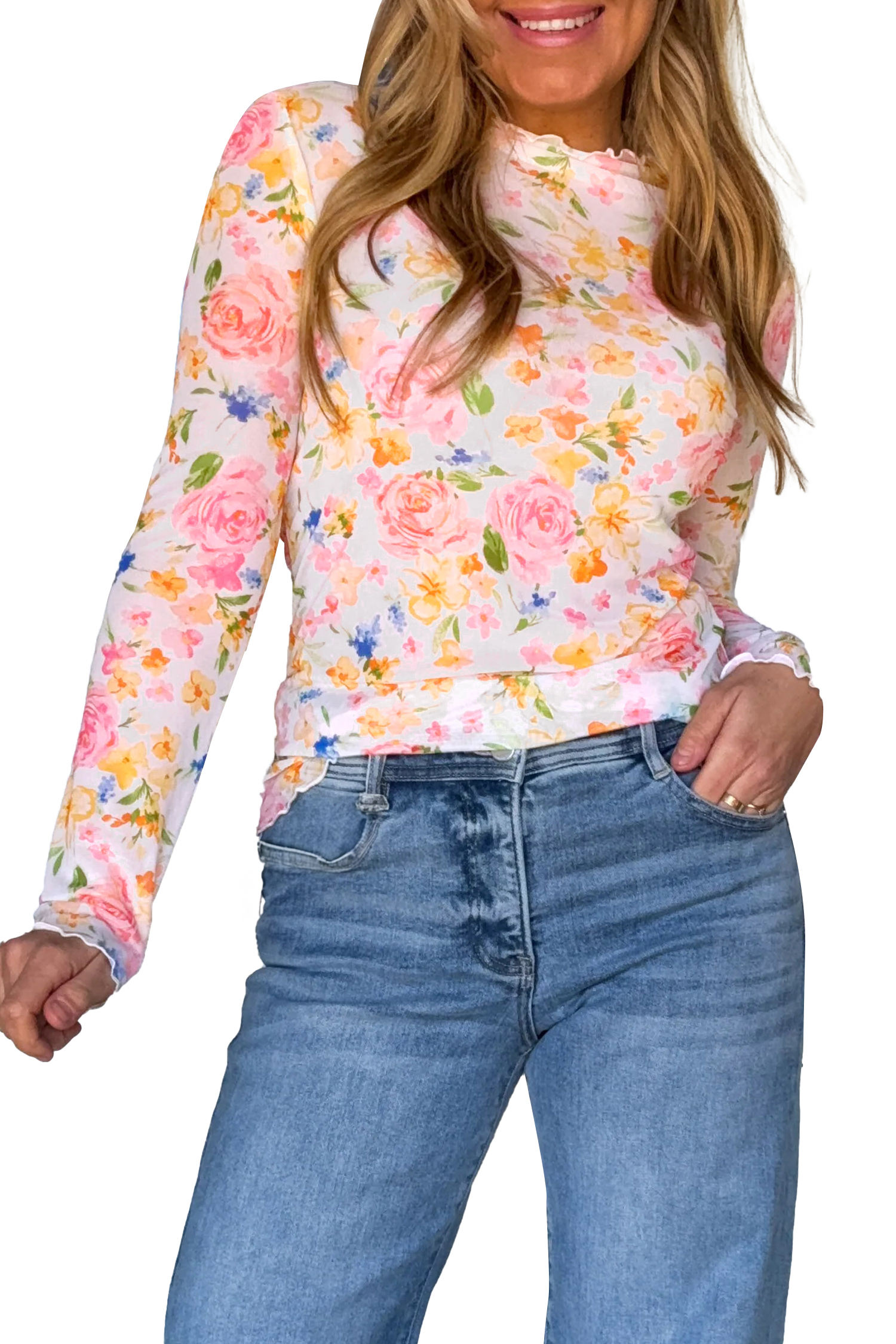 Women's Floral Mesh Top, Long Sleeve Lettuce Trim Shirt - Main View