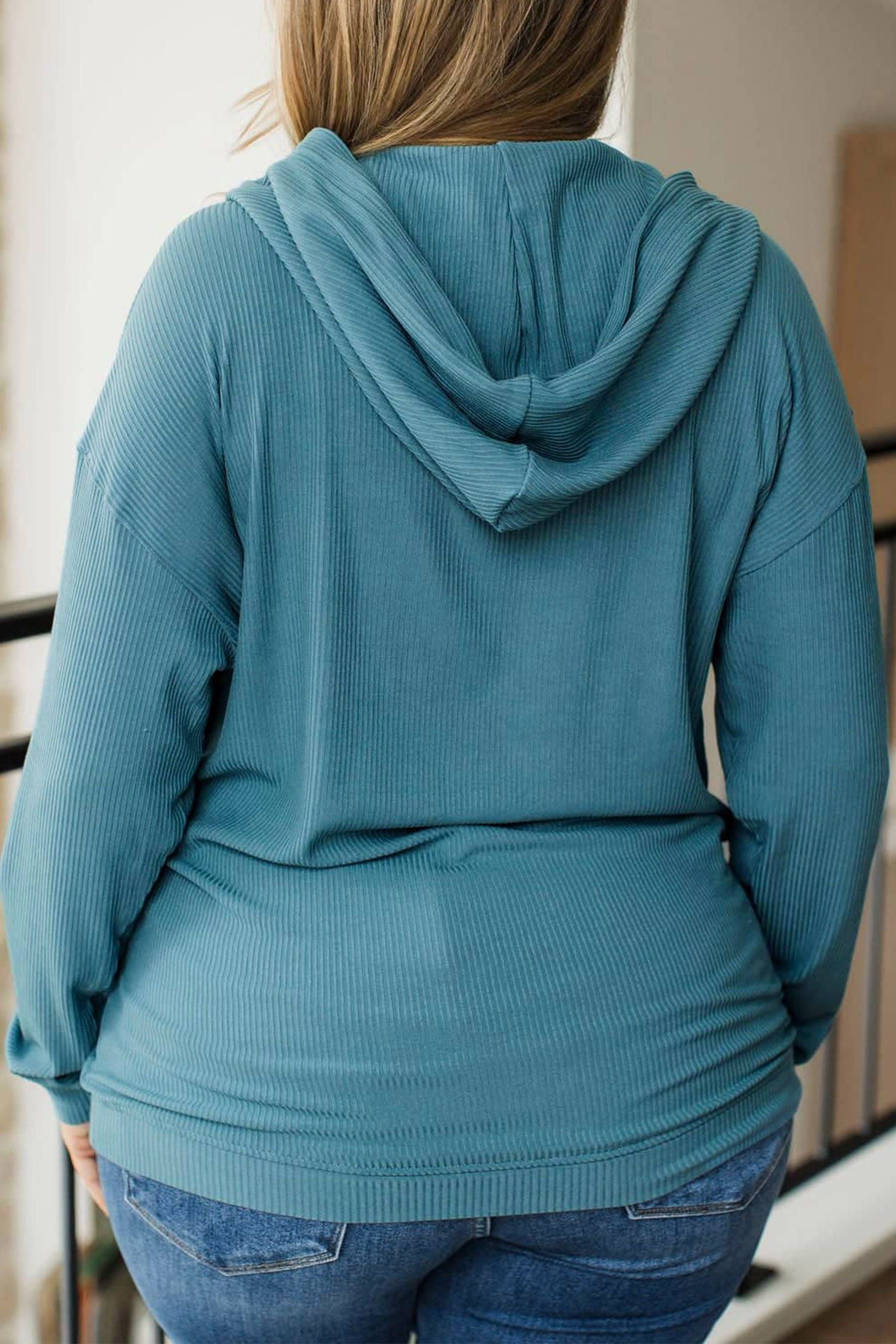 Women's Ribbed Hooded Blouse, Casual Long Sleeve Top - Detail View 7