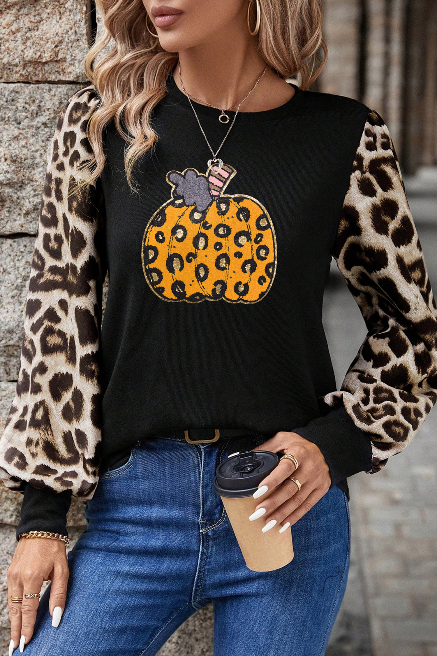 Women's Leopard Pumpkin Top, Patchwork Autumn Shirt - Detail View 5