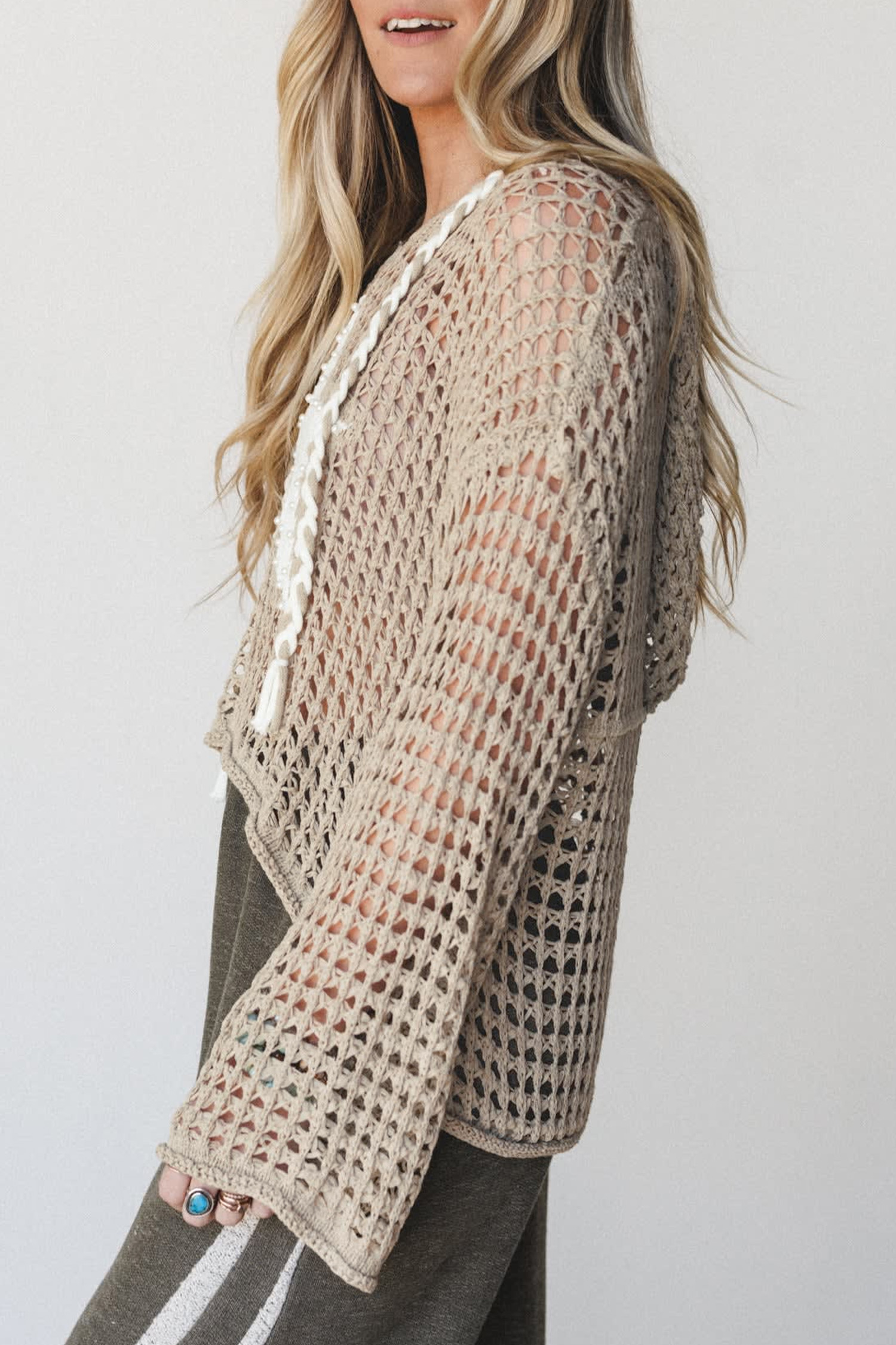 Women's Open Knit Star Sweater, Casual Hooded Pullover Top - Detail View 11