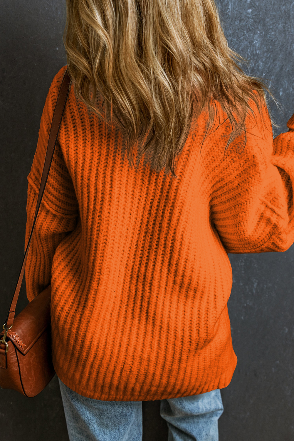 Casual Ribbed Knit Sweater, Women's Fall Slouchy Pullover - Detail View 3