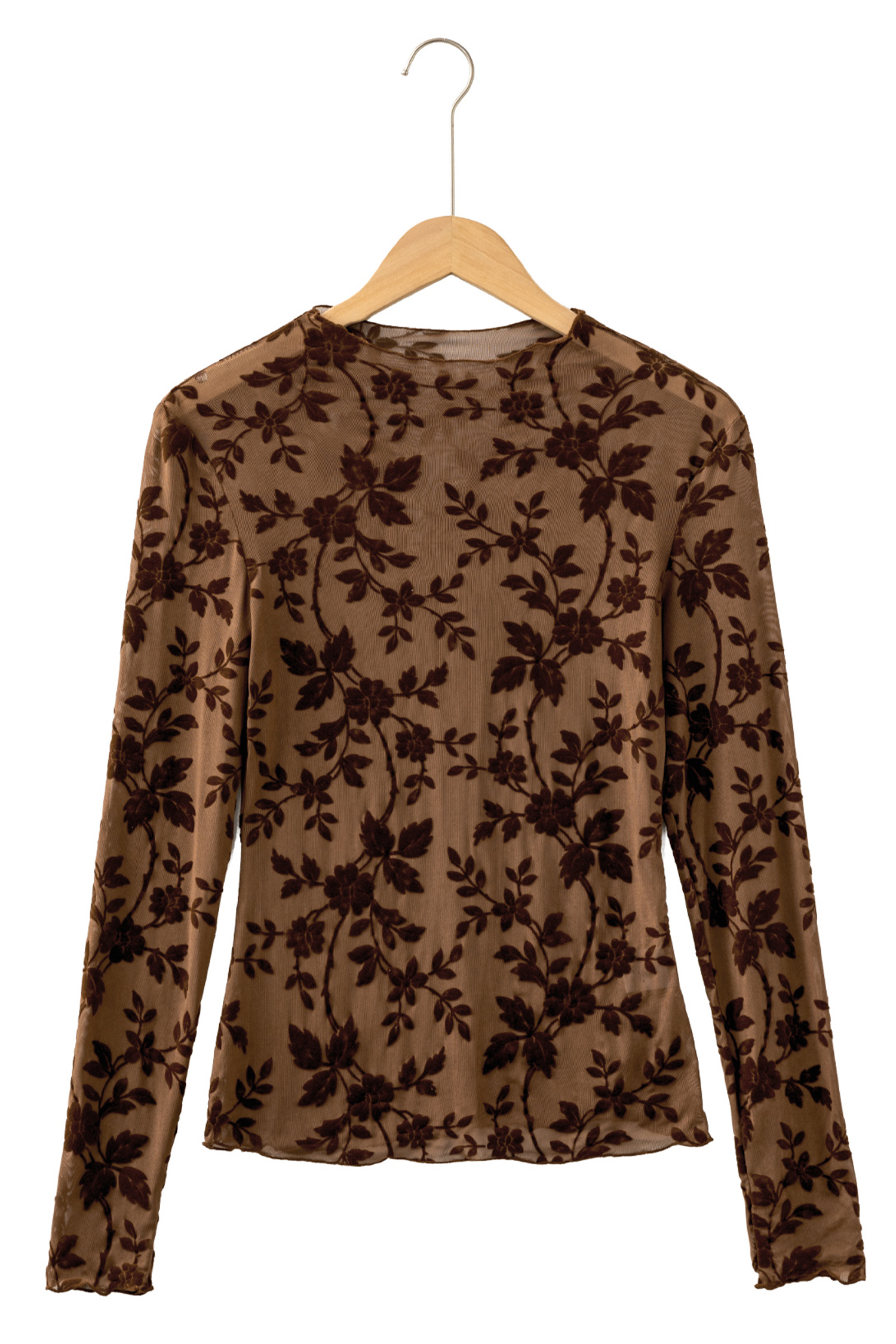 Brown Floral Sheer Mesh Top, Long Sleeve Fitted Clubwear - Detail View 3
