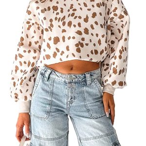 Womens Leopard Sweatshirt, Casual Round Neck Top - Main View