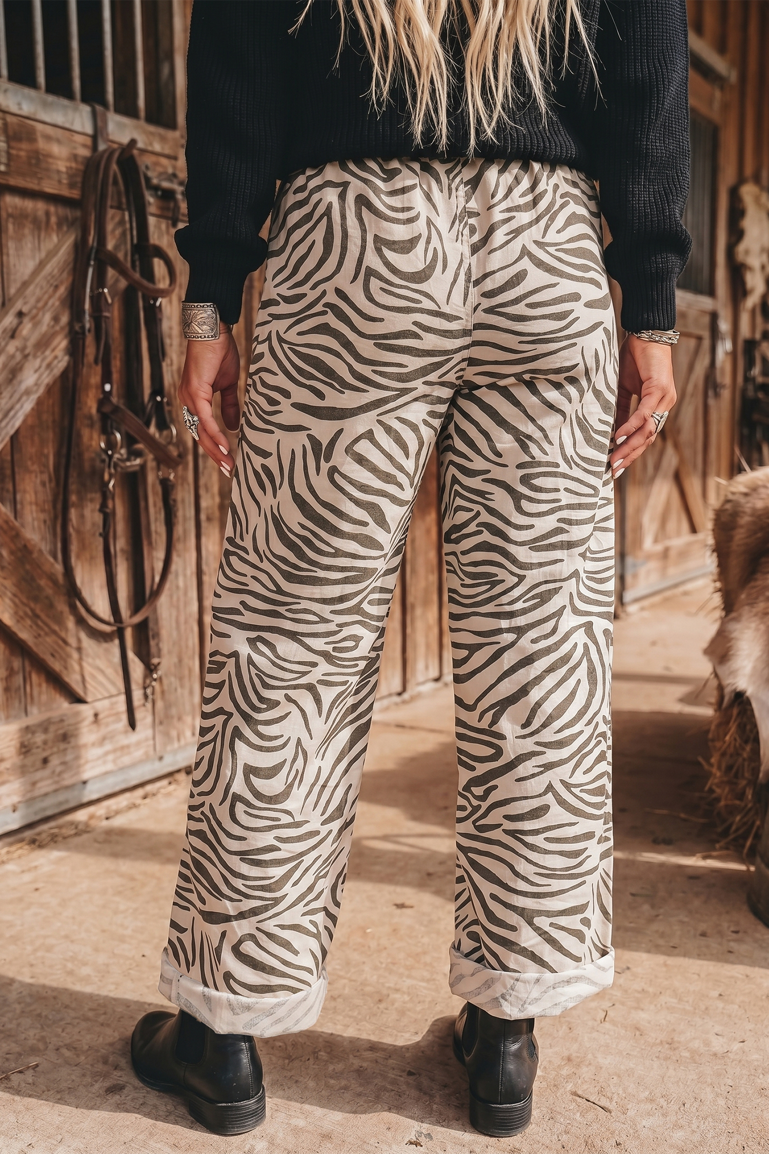 Western Animal Print Pants, All Season Wide Leg Daily Wear - Detail View 3