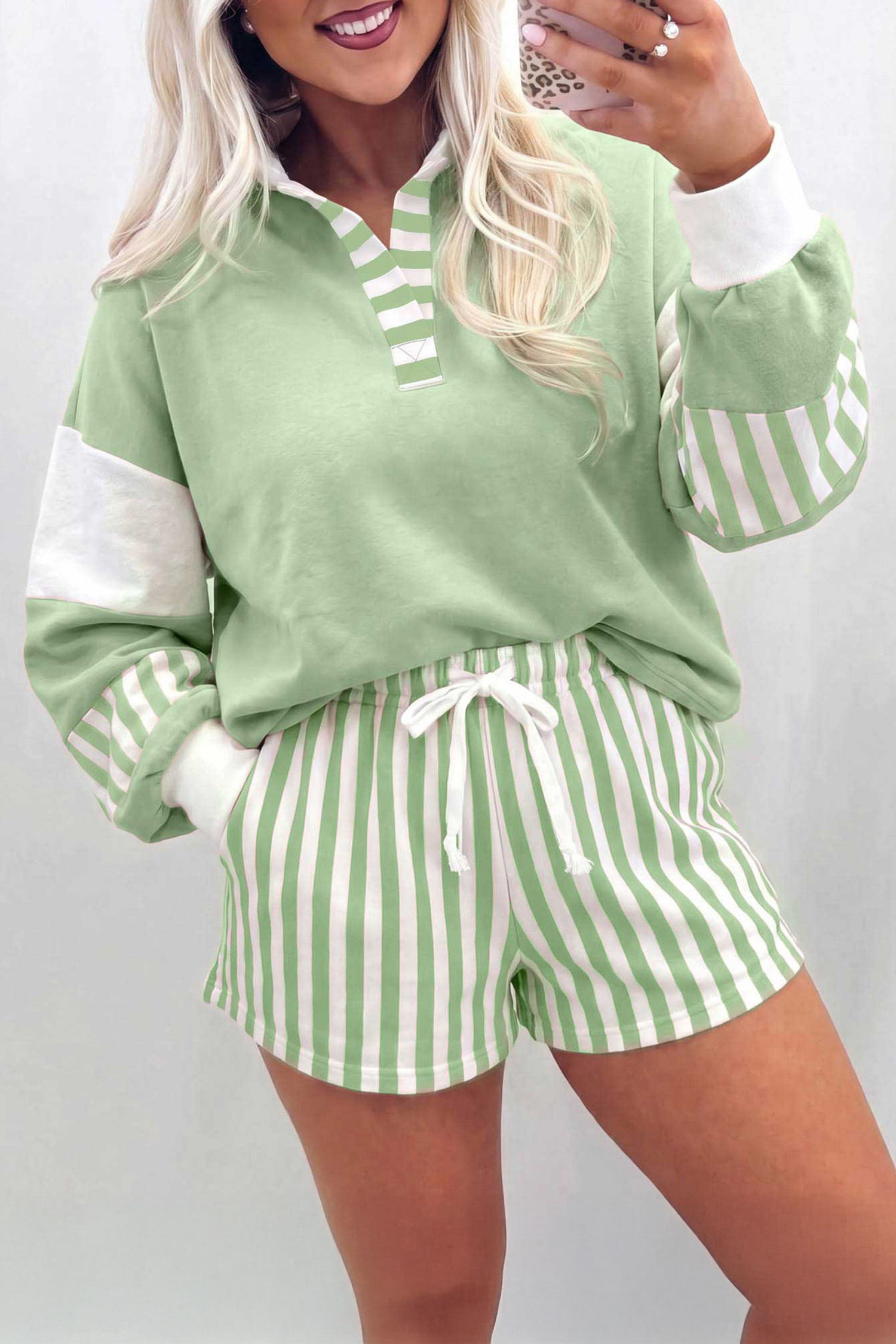 Casual Striped Pullover Shorts Set, Women's Fall Lounge Wear - Detail View 5