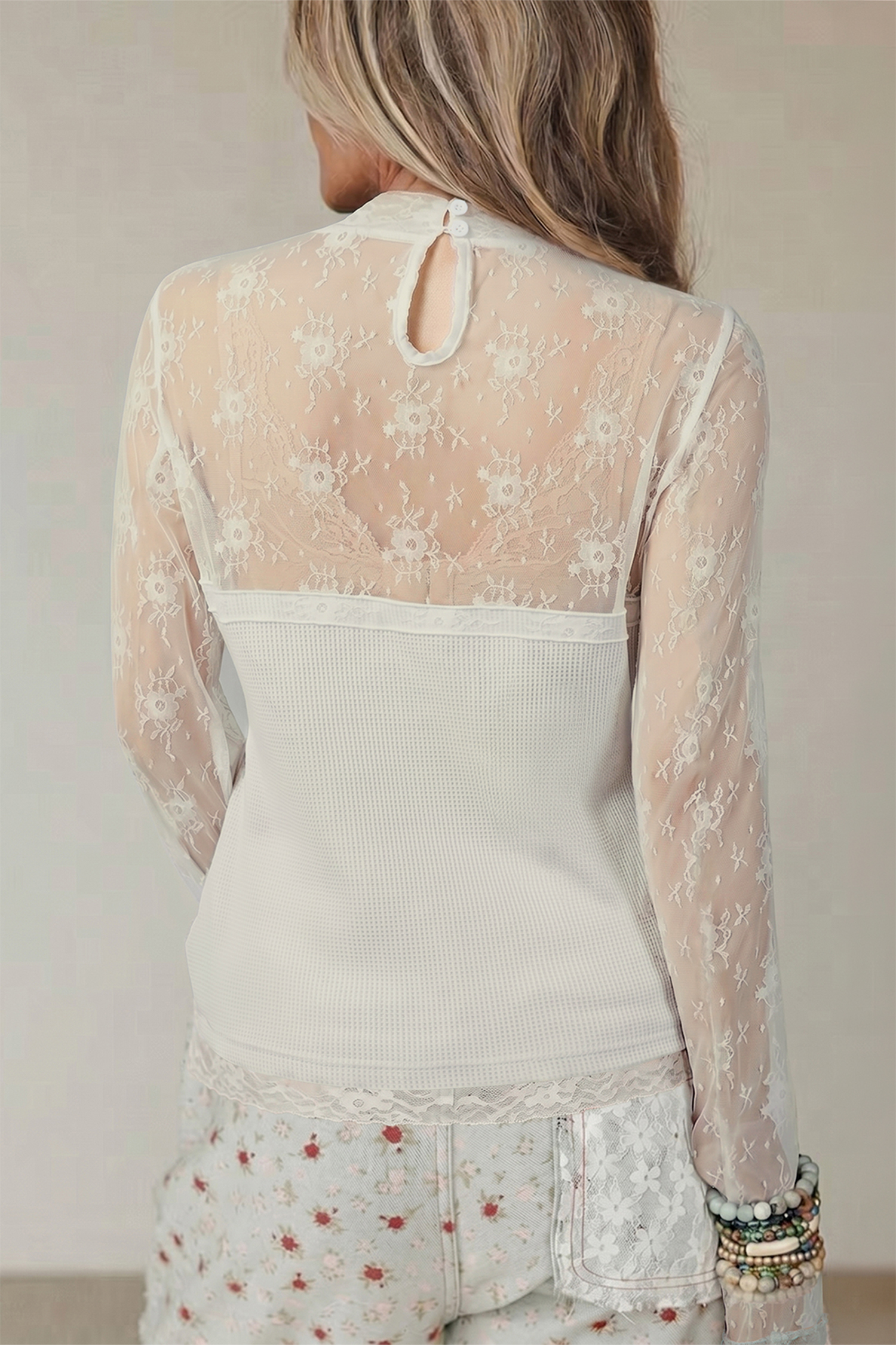 Waffle Knit Lace Long Sleeve, Feminine Sheer Night Out Top - Detail View 2