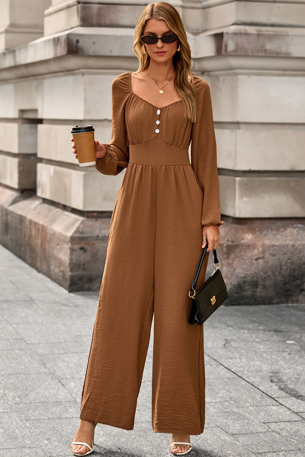 Women's High Waist Jumpsuit, Long Sleeve Shirred Comfort - Detail View 3