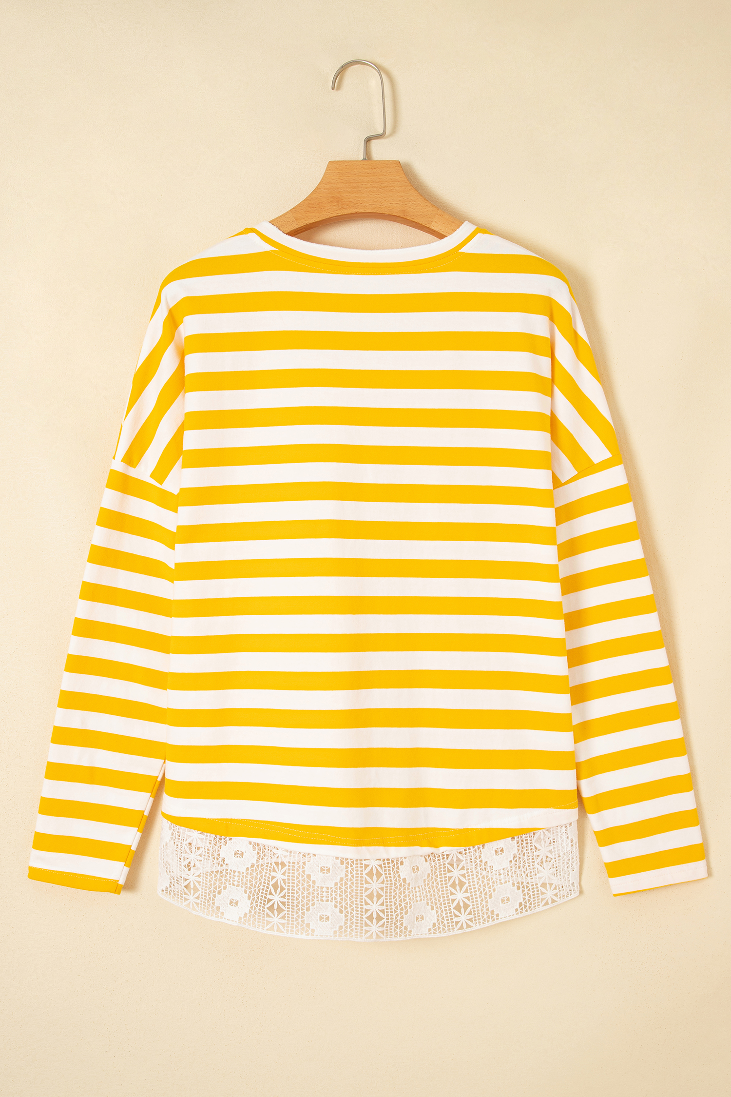 Yellow Stripe Women's Patchwork Tee, Boho Lace Trim Top - Detail View 5