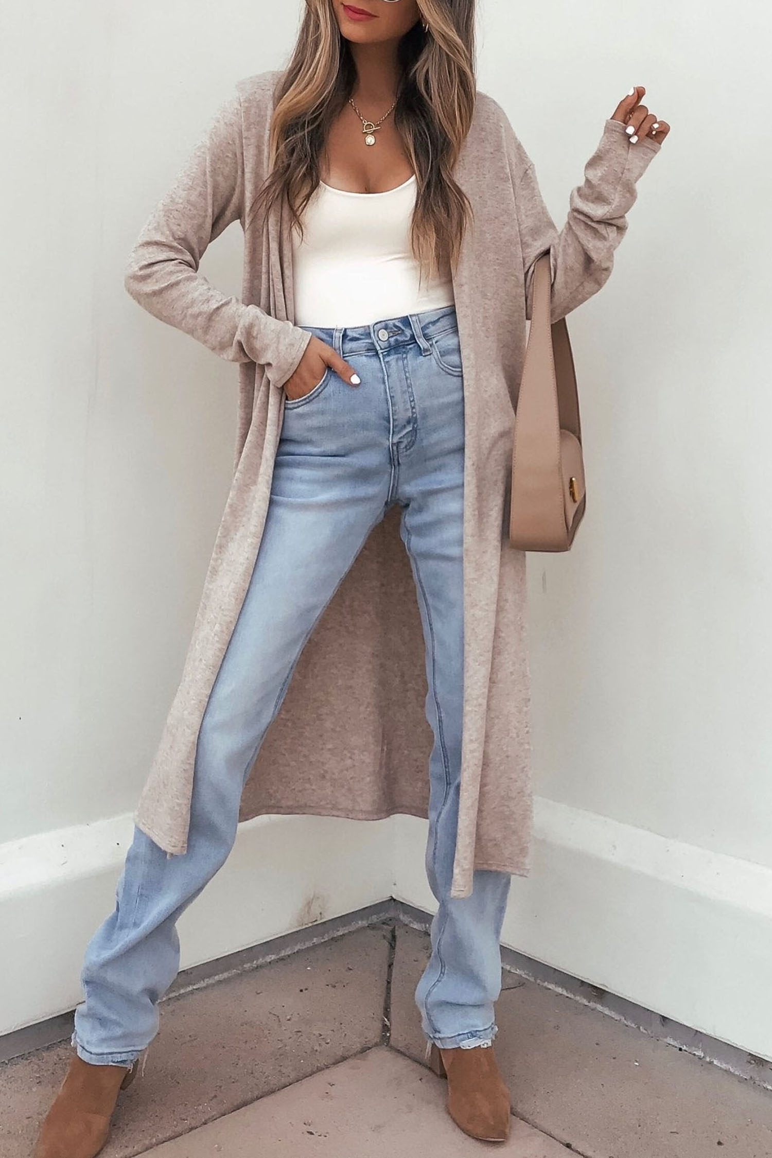 Women's Long Cardigan, Open Front Casual Khaki Knit Sweater - Detail View 7