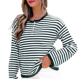 Striped Knit Sweater, Casual Button Placket Women Top - Main View