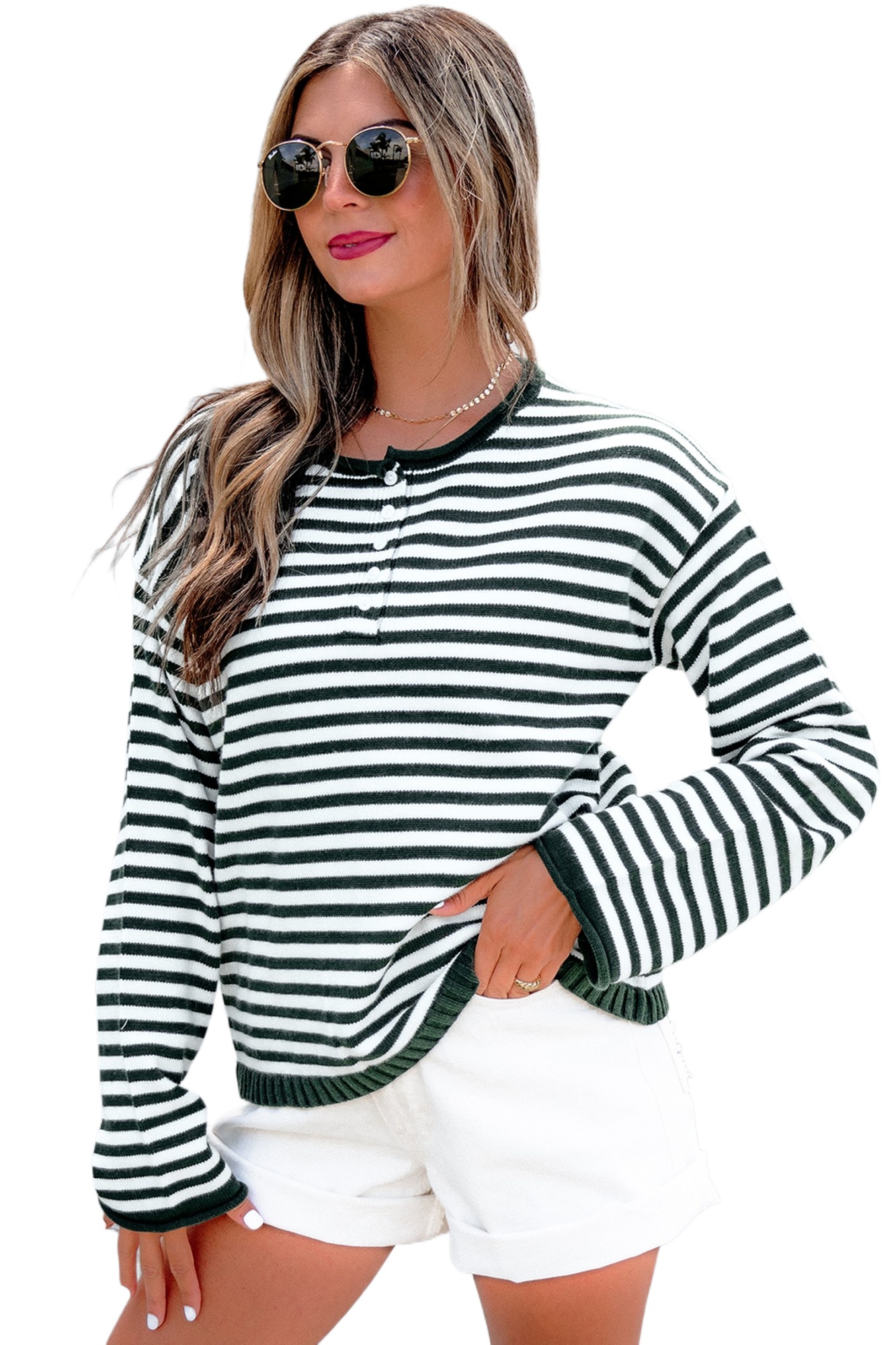 Striped Knit Sweater, Casual Button Placket Women Top - Main View