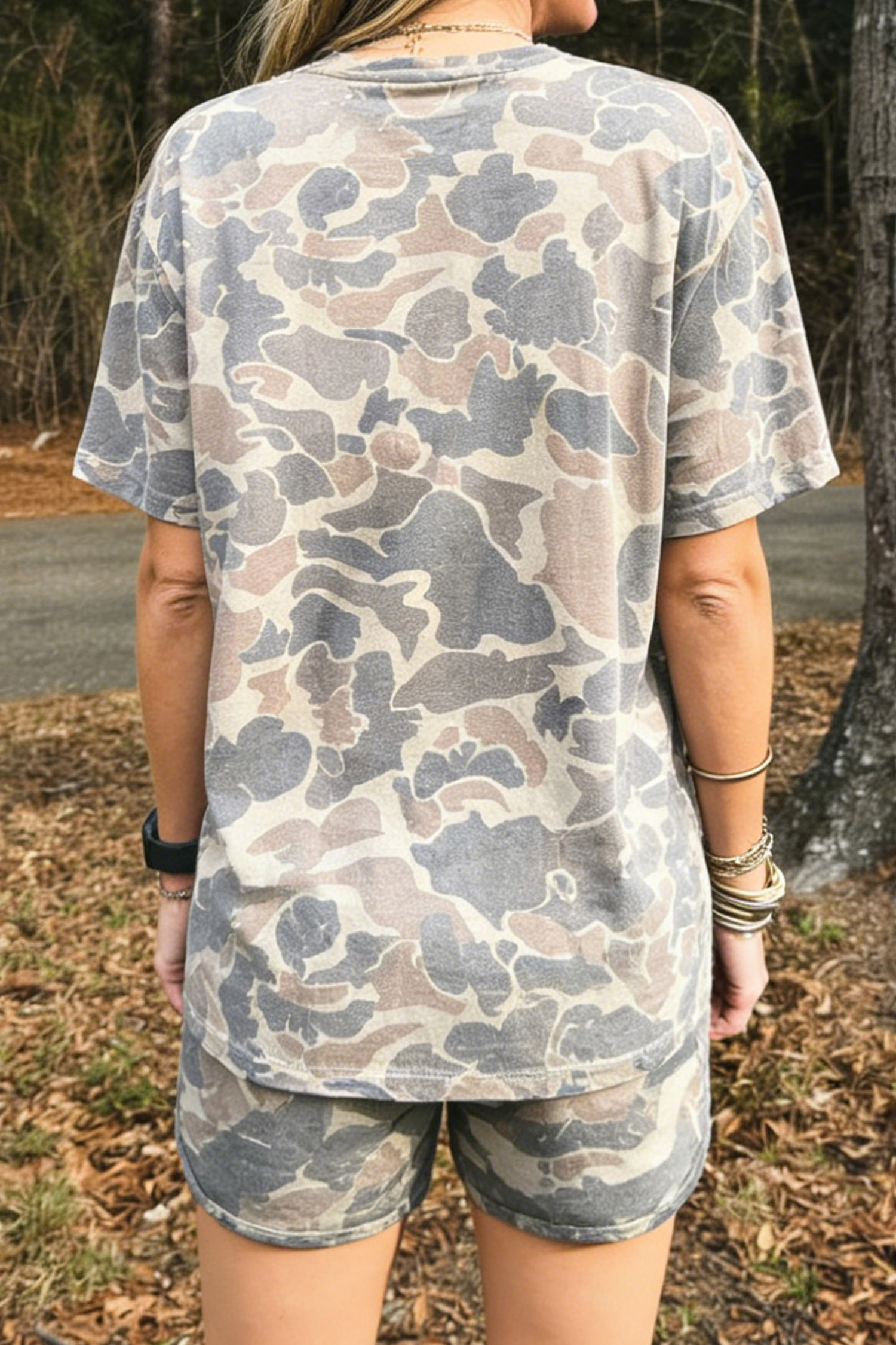 Western Style Camouflage Tee Set, Relaxed Women's Shorts - Detail View 2