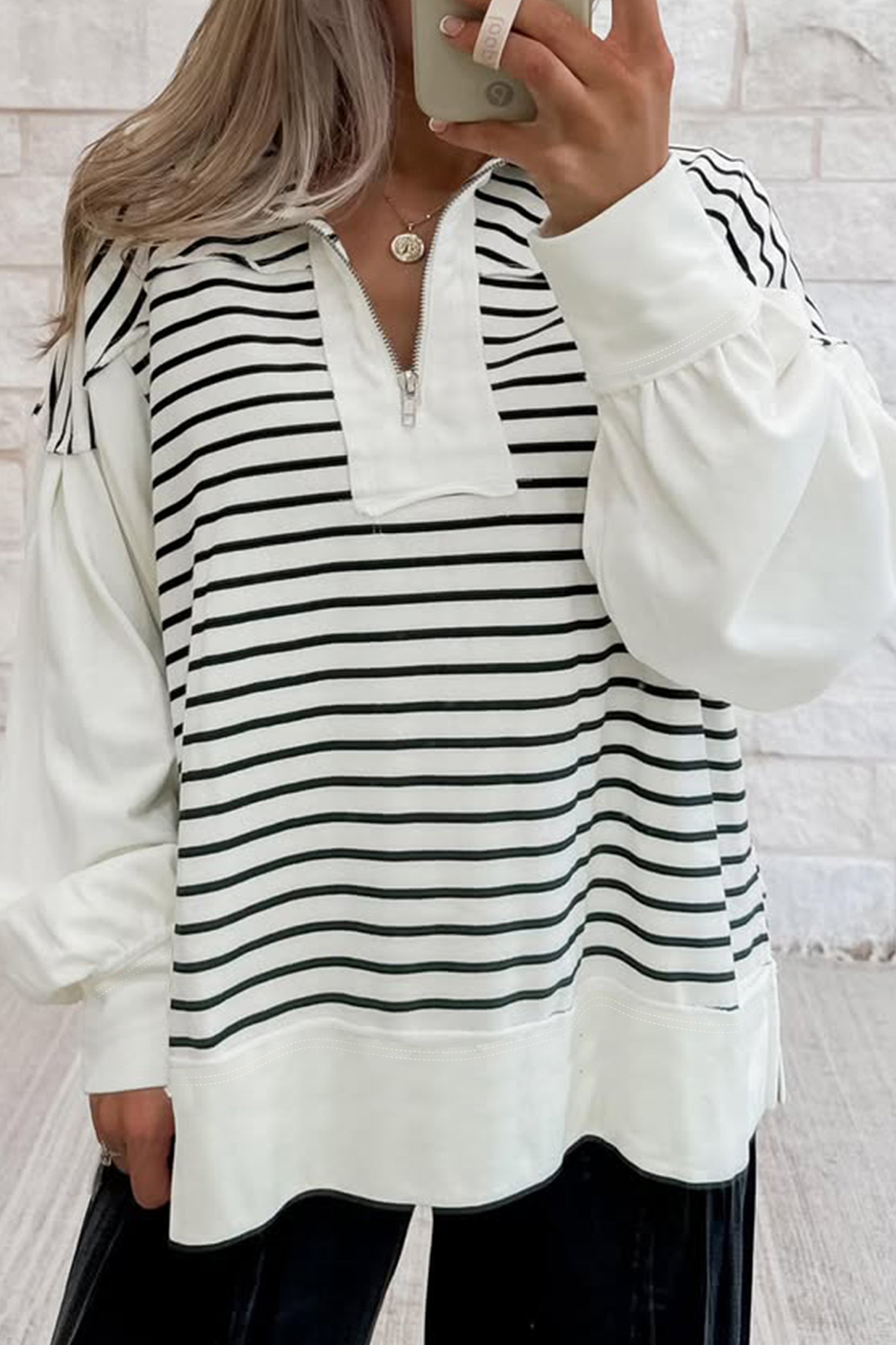 Women's Long Sleeve Stripe Blouse, Trendy Zip Up Casual Top - Detail View 2