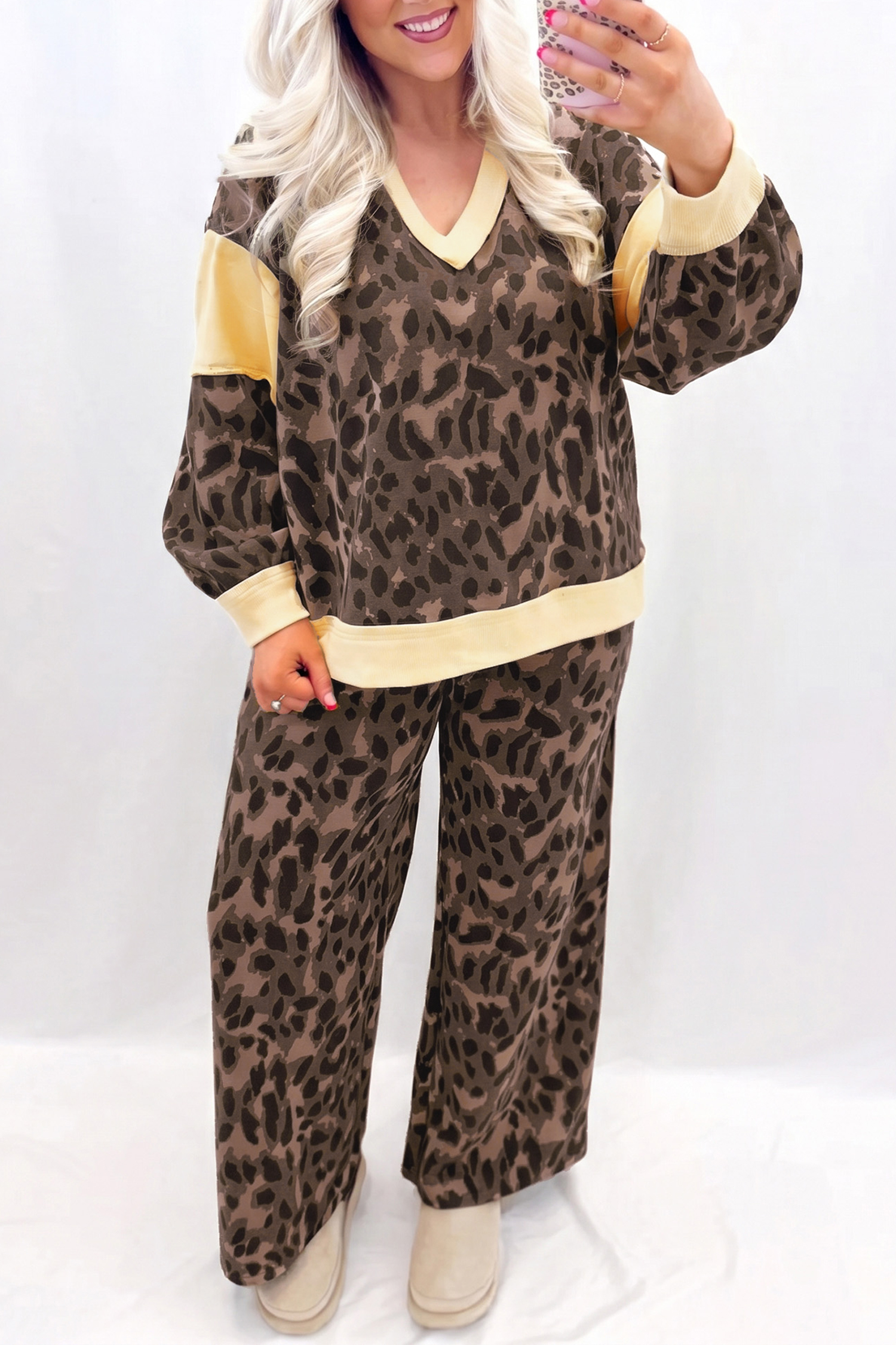 Two Piece Leopard Lounge Set, Comfortable Long Sleeve Fall Wear - Detail View 3