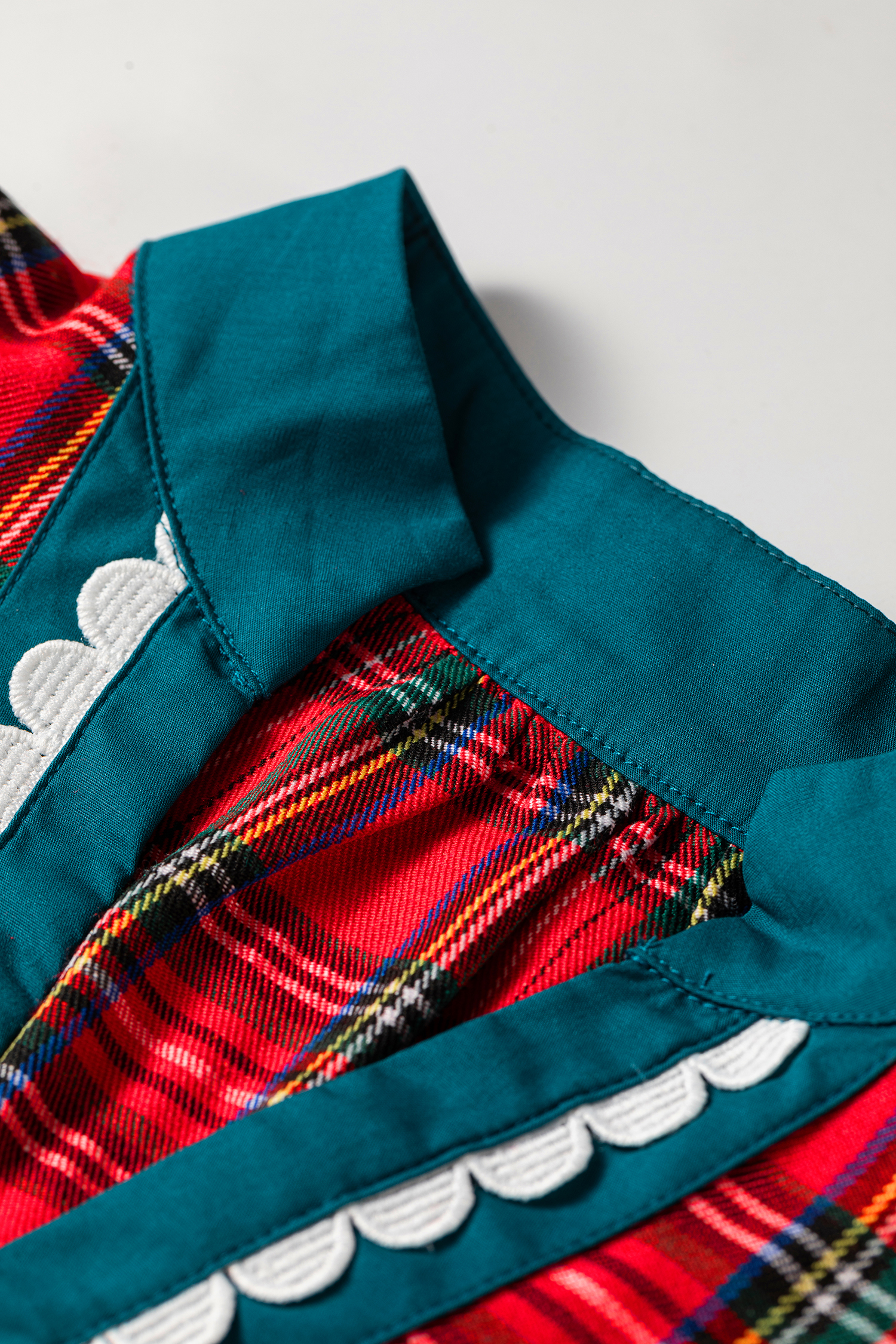 Women's Red Plaid Blouse, Festive Scalloped Trim Top - Detail View 7