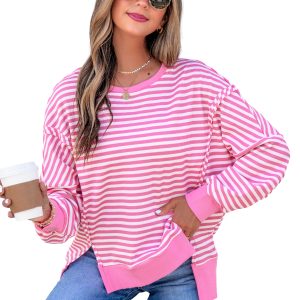 Women's Striped Waffle Knit Top, Casual Long Sleeve Pullover - Main View