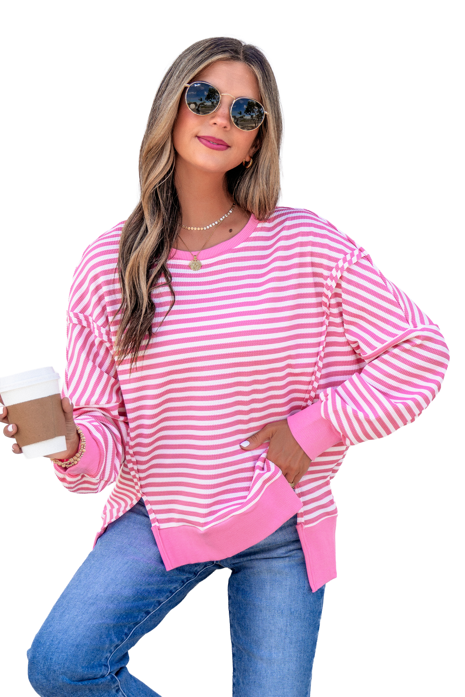 Women's Striped Waffle Knit Top, Casual Long Sleeve Pullover - Main View