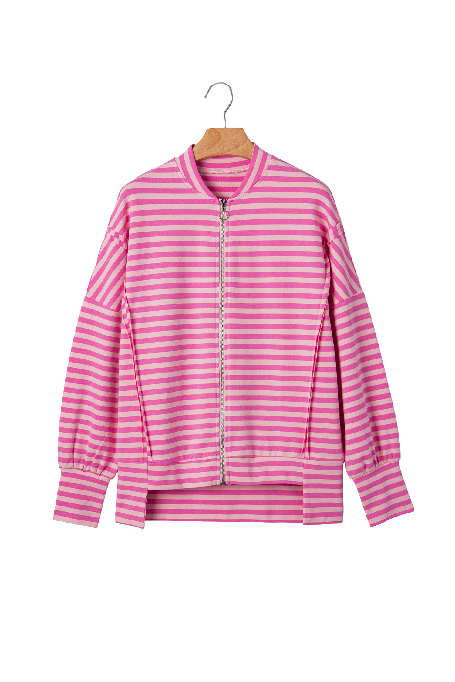 Pink Striped Full Zip Sweatshirt, Trendy Puff Sleeve Jacket - Detail View 5