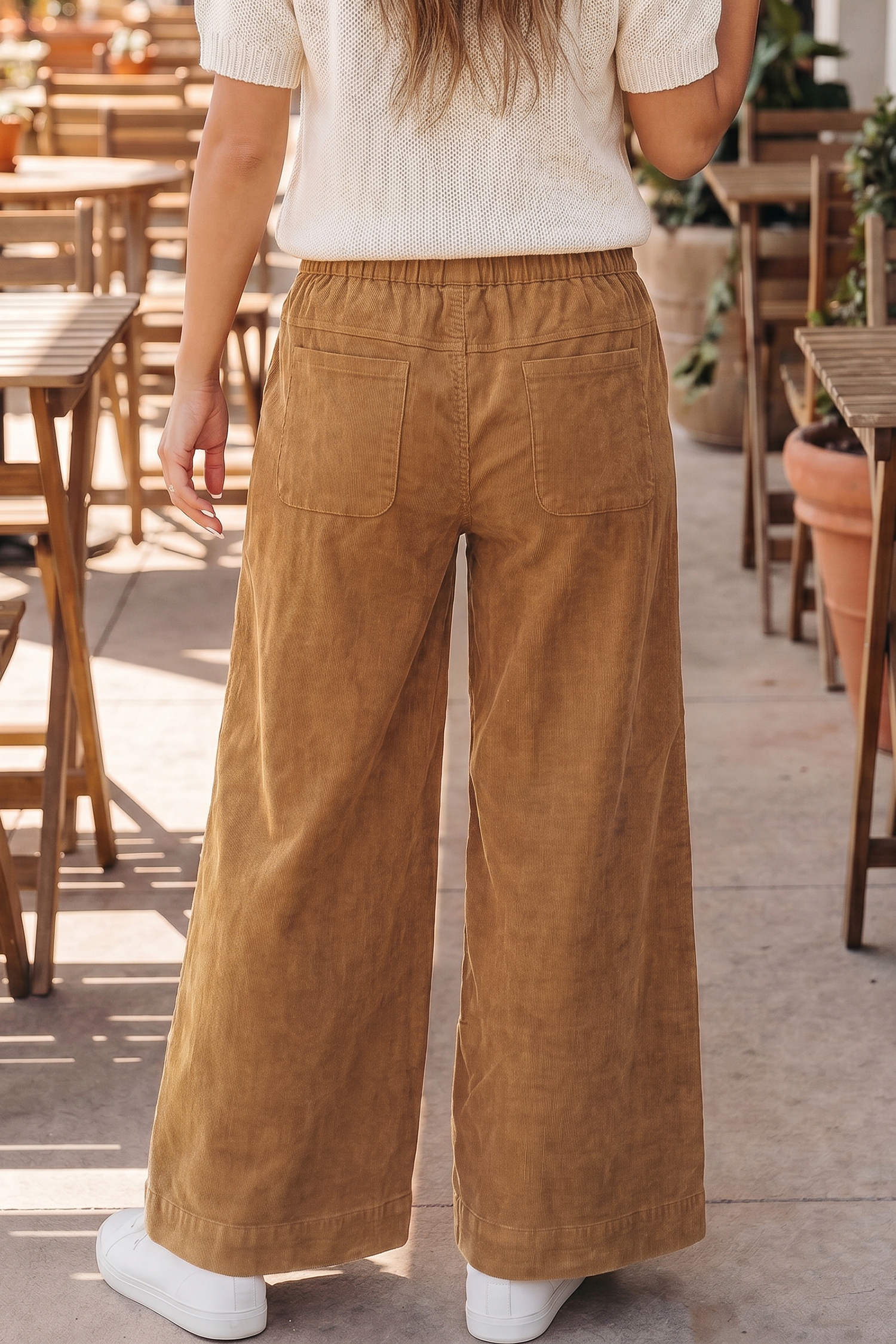 Wide Leg Corduroy Pants, Elastic Waist Daily Casual Bottoms - Detail View 2