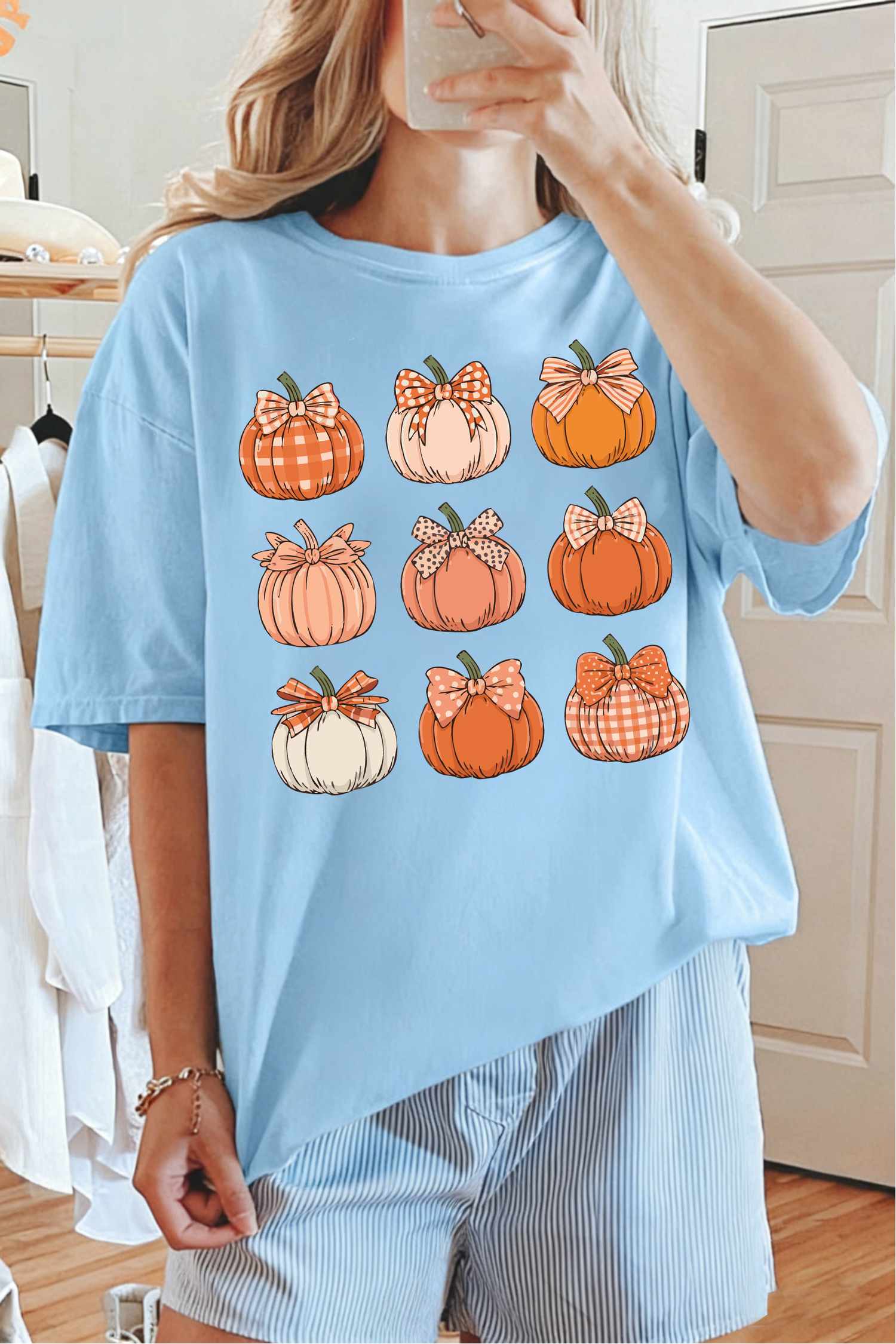 Fall Pumpkin Print Graphic Top, Short Sleeve Crew Neck Tee - Detail View 8