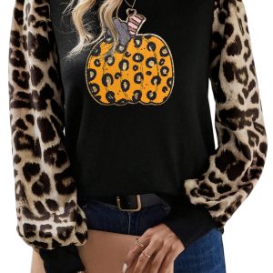 Women's Casual Pumpkin Shirt, Leopard Sleeve Fall Top - Main View
