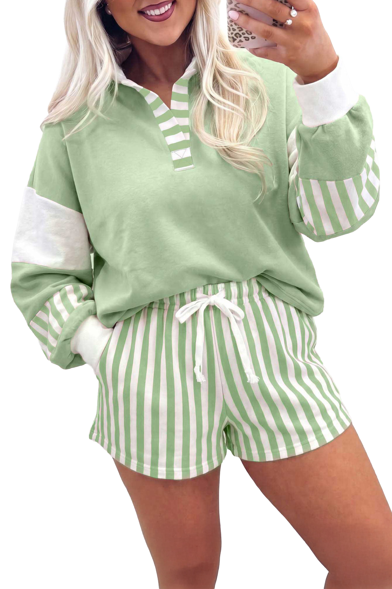 Women's Smoke Green Lounge Set, Striped Long Sleeve Shorts - Main View