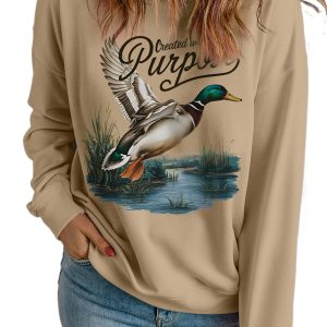 Women's Mallard Graphic Sweatshirt, Khaki Western Pullover - Main View