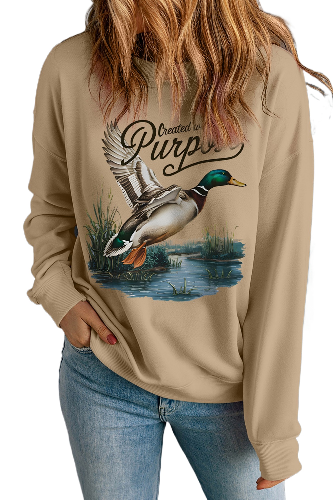 Women's Mallard Graphic Sweatshirt, Khaki Western Pullover - Main View