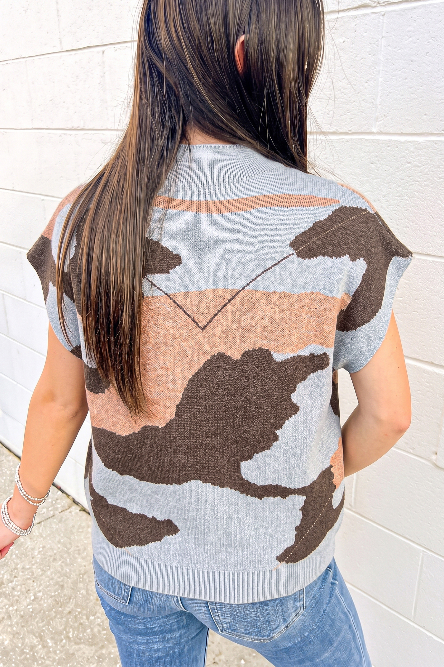 Casual Camo Print Short Sleeve Sweater, Mock Neck Knit Shirt - Detail View 14