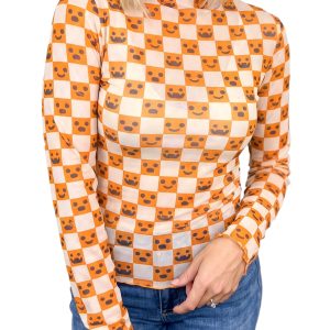 Women's Halloween Blouse, Orange Plaid Long Sleeve Top - Main View