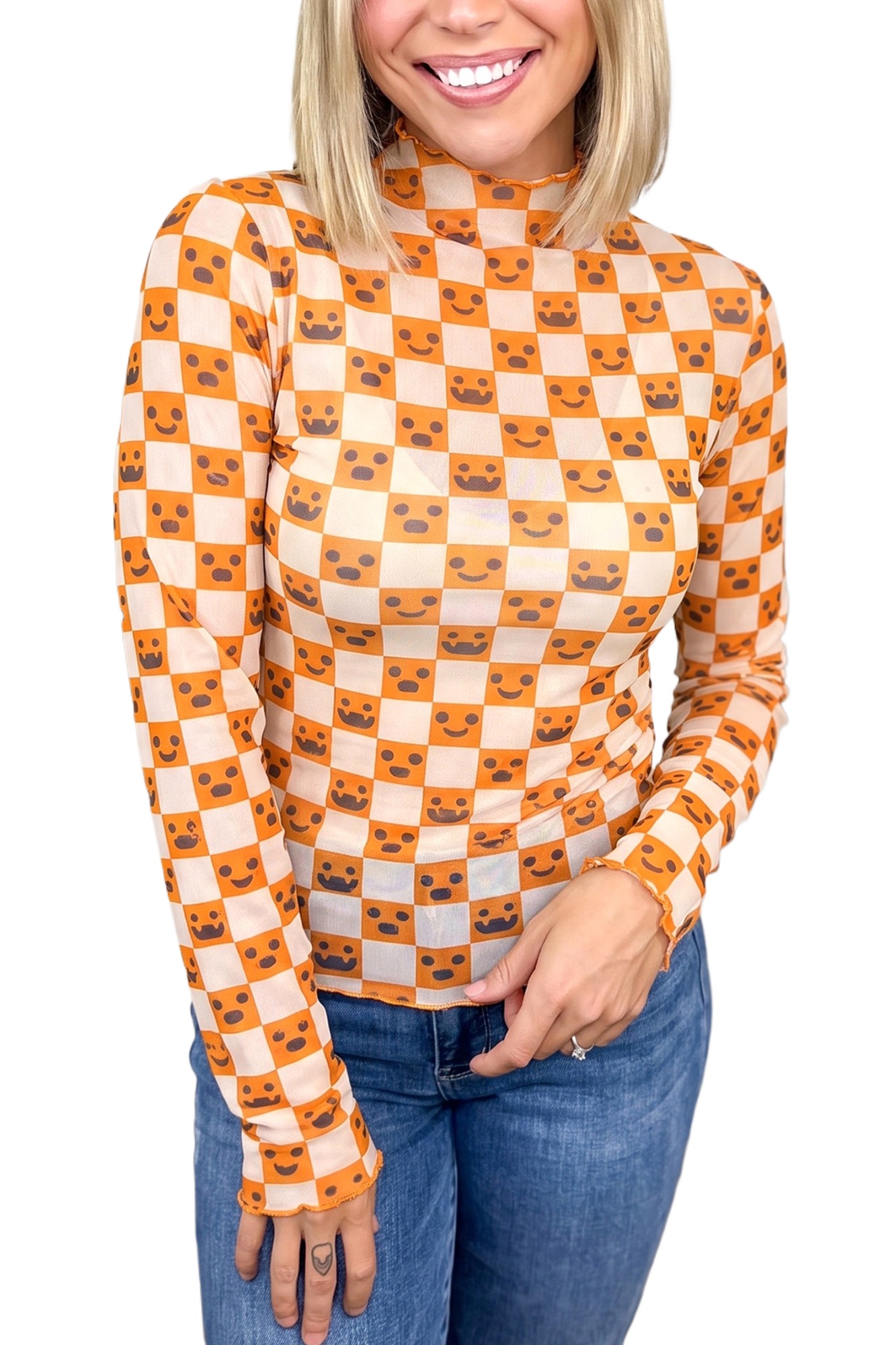 Women's Halloween Blouse, Orange Plaid Long Sleeve Top - Main View