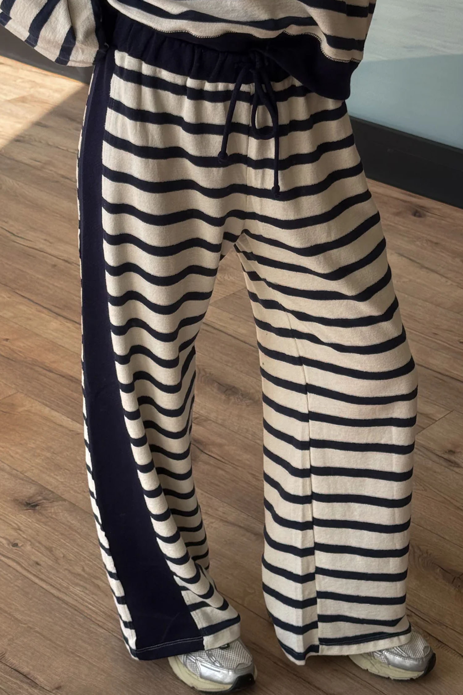 Beige Stripe Two Piece Set, Relaxed Fall Outfits for Women - Detail View 5