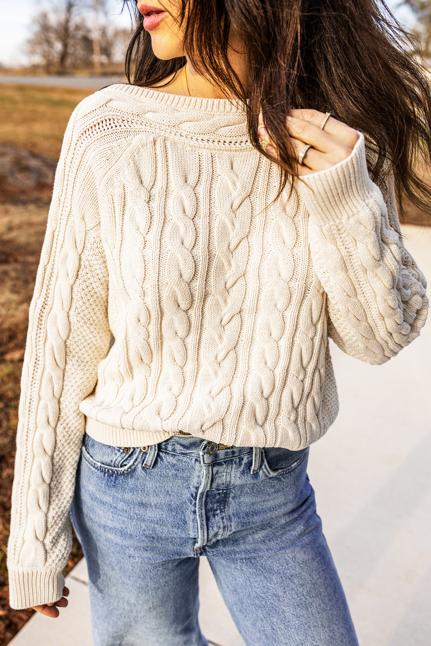 Beige Round Neck Cable Sweater, Casual Textured Fall Pullover - Detail View 8