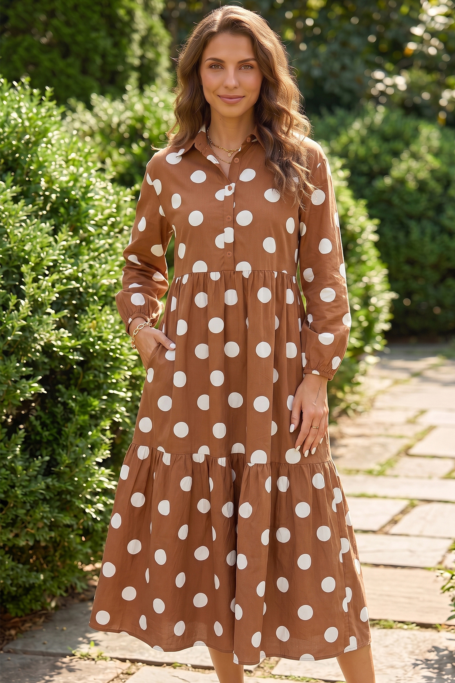 Vintage Style Polka Dot Maxi Dress, Button Front Long Casual - Detail View 2