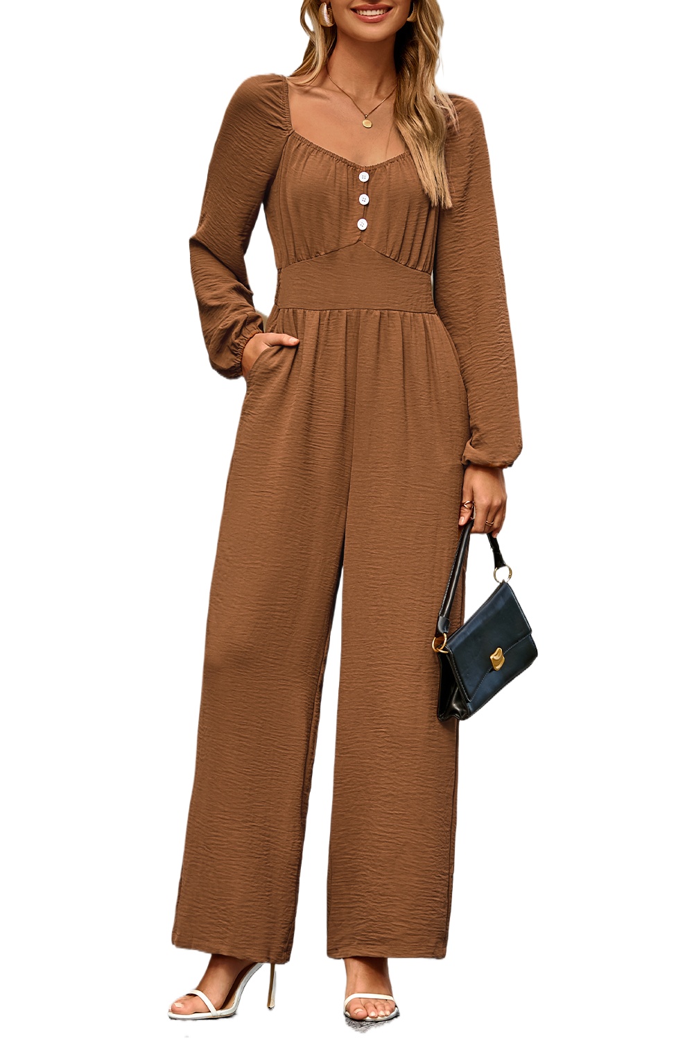 Women's Straight Leg Jumpsuit, Daily Casual Long Sleeve - Main View