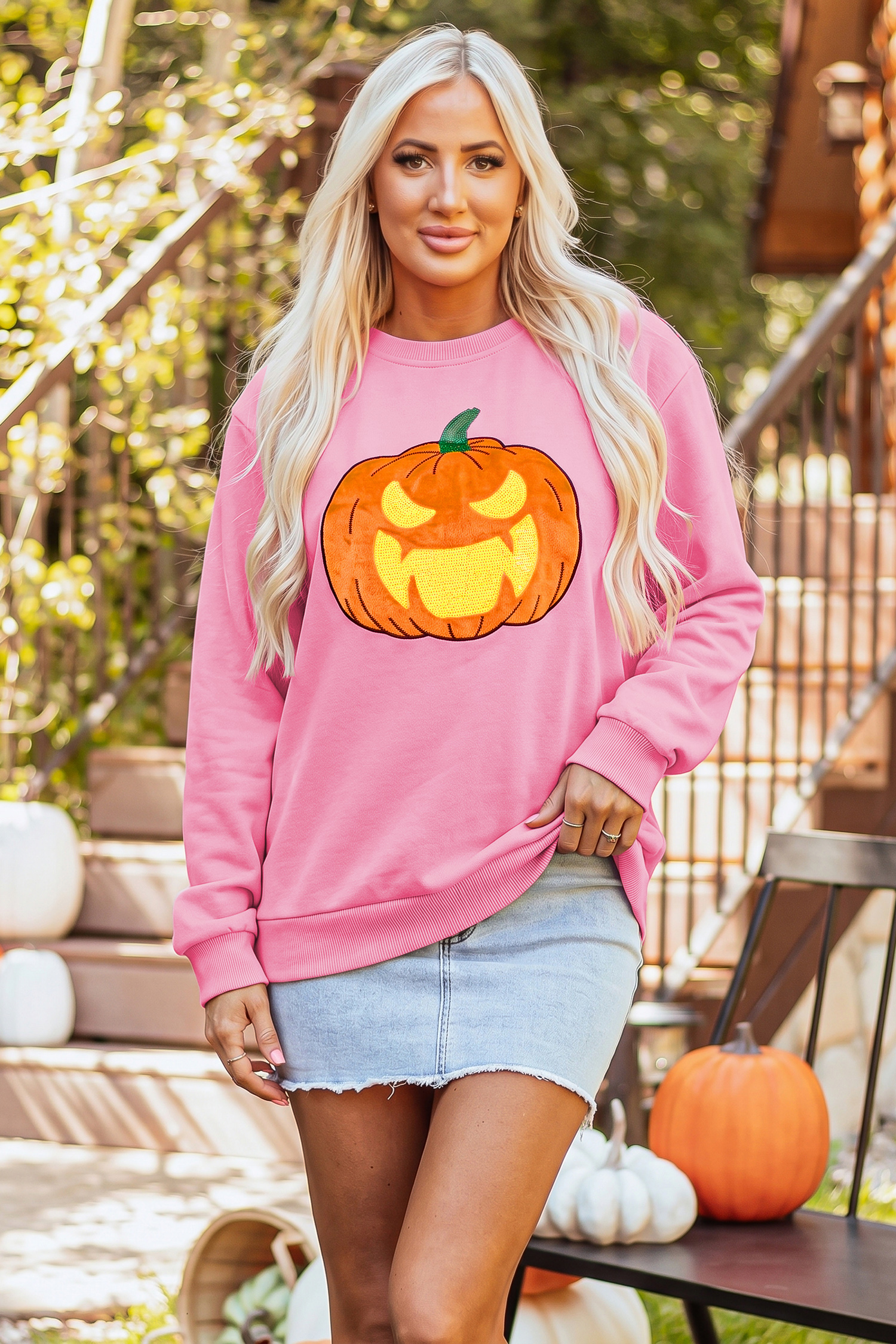 Graphic Pumpkin Long Sleeve, Casual Fall Crewneck Pullover - Detail View 2