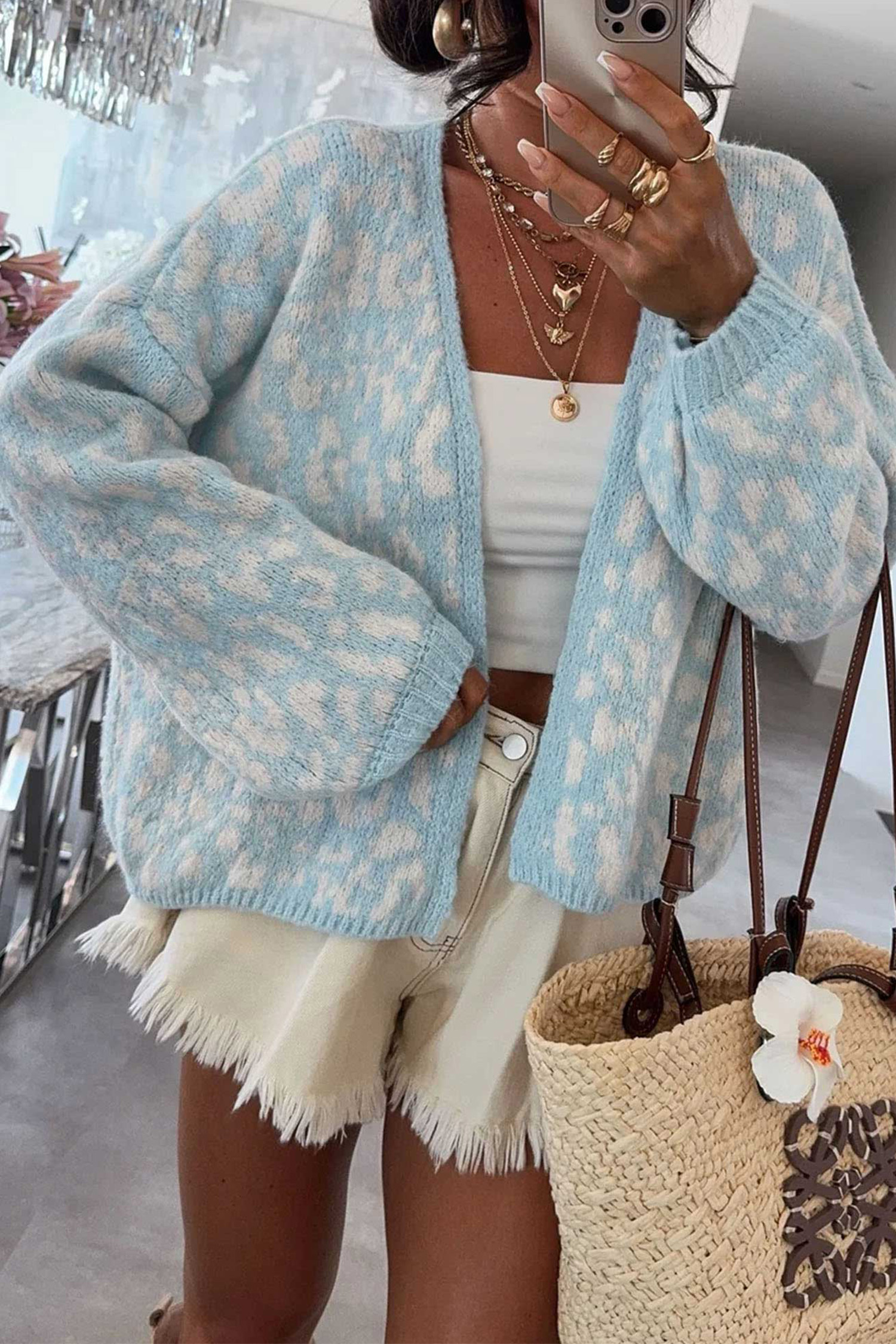 Blue Leopard Print Cardigan, Trendy V Neck Autumn Sweater - Detail View 2