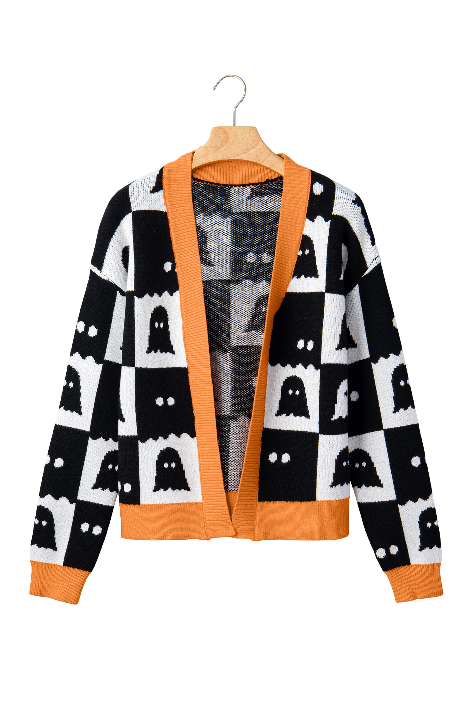 Graphic Ghost Knit Cardigan, Autumn Seasonal Open Front Top - Detail View 5