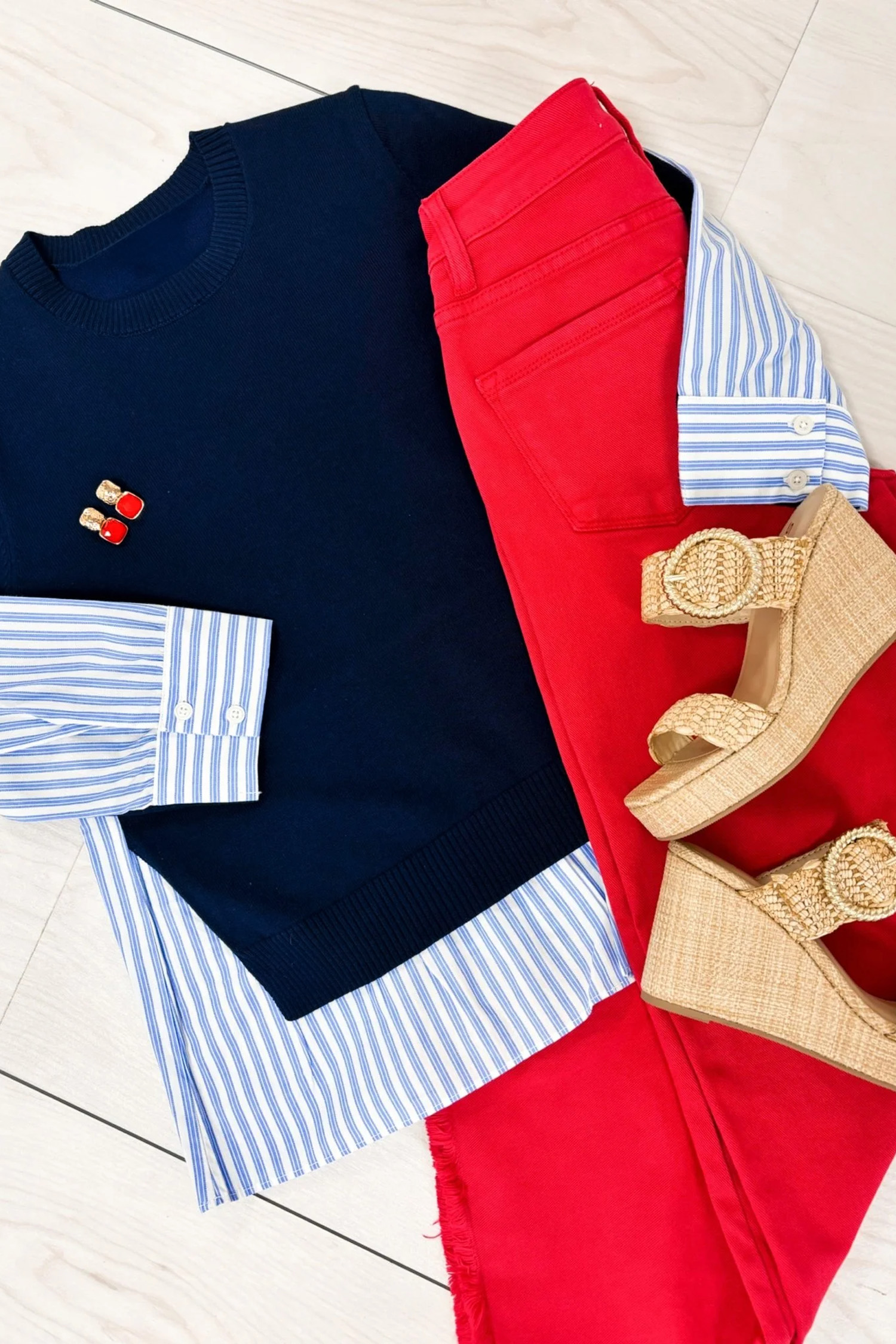 Navy Blue Patchwork Sweater, Chic Striped Long Sleeve Top - Detail View 11