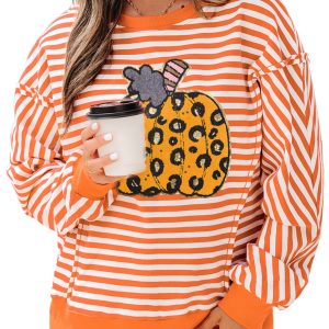 Women's Pumpkin Leopard Pullover, Orange Stripe Casual Top - Main View