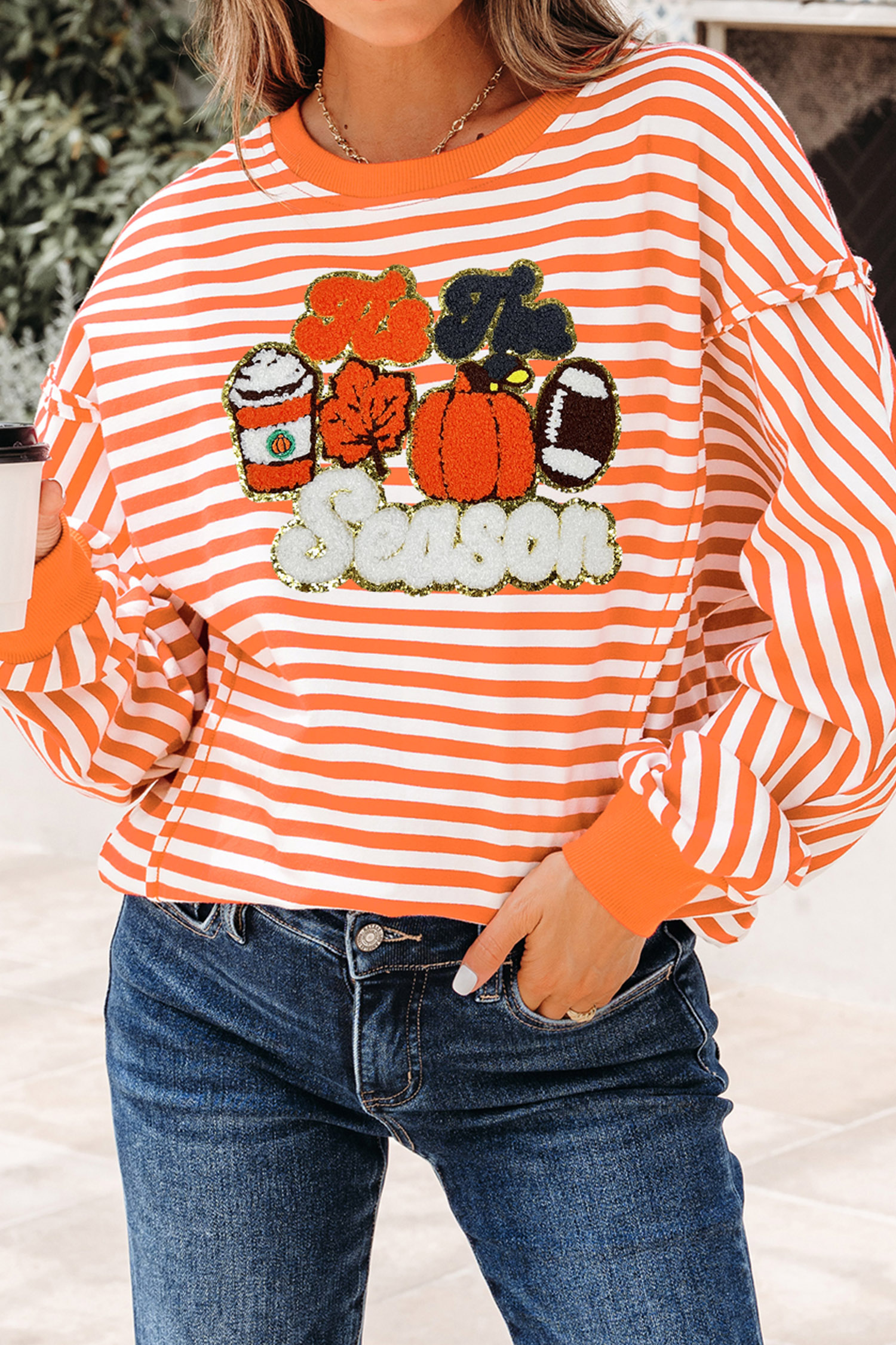 Fall Pumpkin Graphic Long Sleeve, Women's Striped Crewneck - Detail View 5